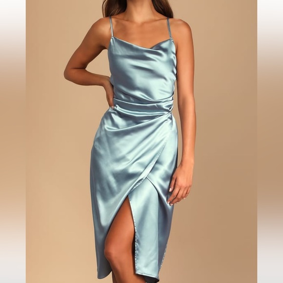 Lulu’s Hollywood Woman Dusty Blue Satin Midi Dress - Picture 2 of 6